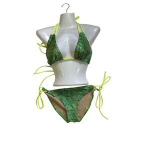 Koki‎ Swimwear Sexy Green & Yellow Metallic Bikini Large Bathing Suit Beach Pool